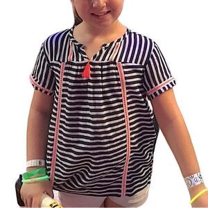 NEW Sz 14 CrewCuts Blue/White Striped Linen Shirt Orange Tassel & Tape detail